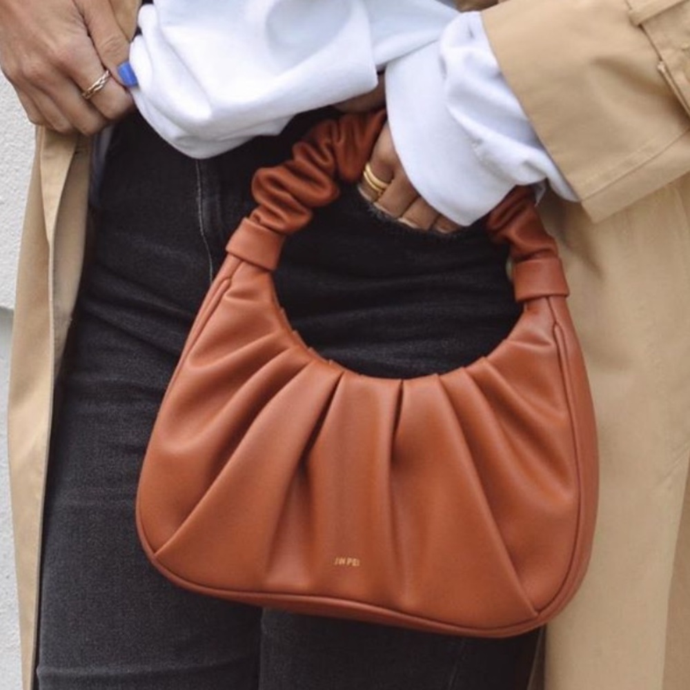 Tag On Vegan Leather Cognac Brown Ruched Puff Designer Handbag Purse Fashion Bag